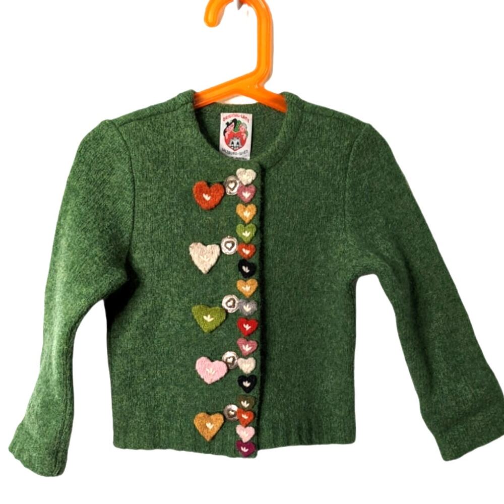 Vintage Original Lanz Salzburg Wien Child Wool Cardigan Green Heart Buttons 4